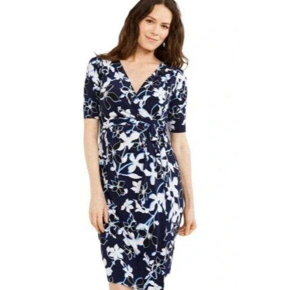 A Pea In The Pod Floral Maternity Wrap Dress Size M Blue Jersey 70508 8041 - Picture 1 of 11